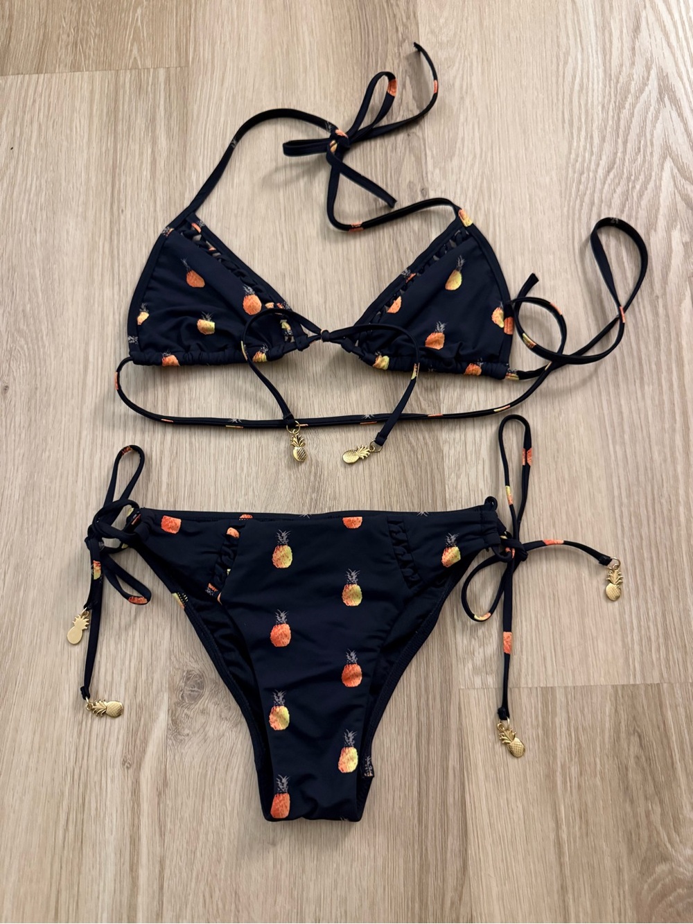Seafolly Australia Black Pineapple Print String Bikini Set